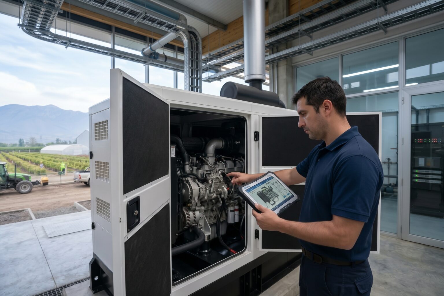 Técnico de Gensa realizando diagnóstico de un grupo electrógeno