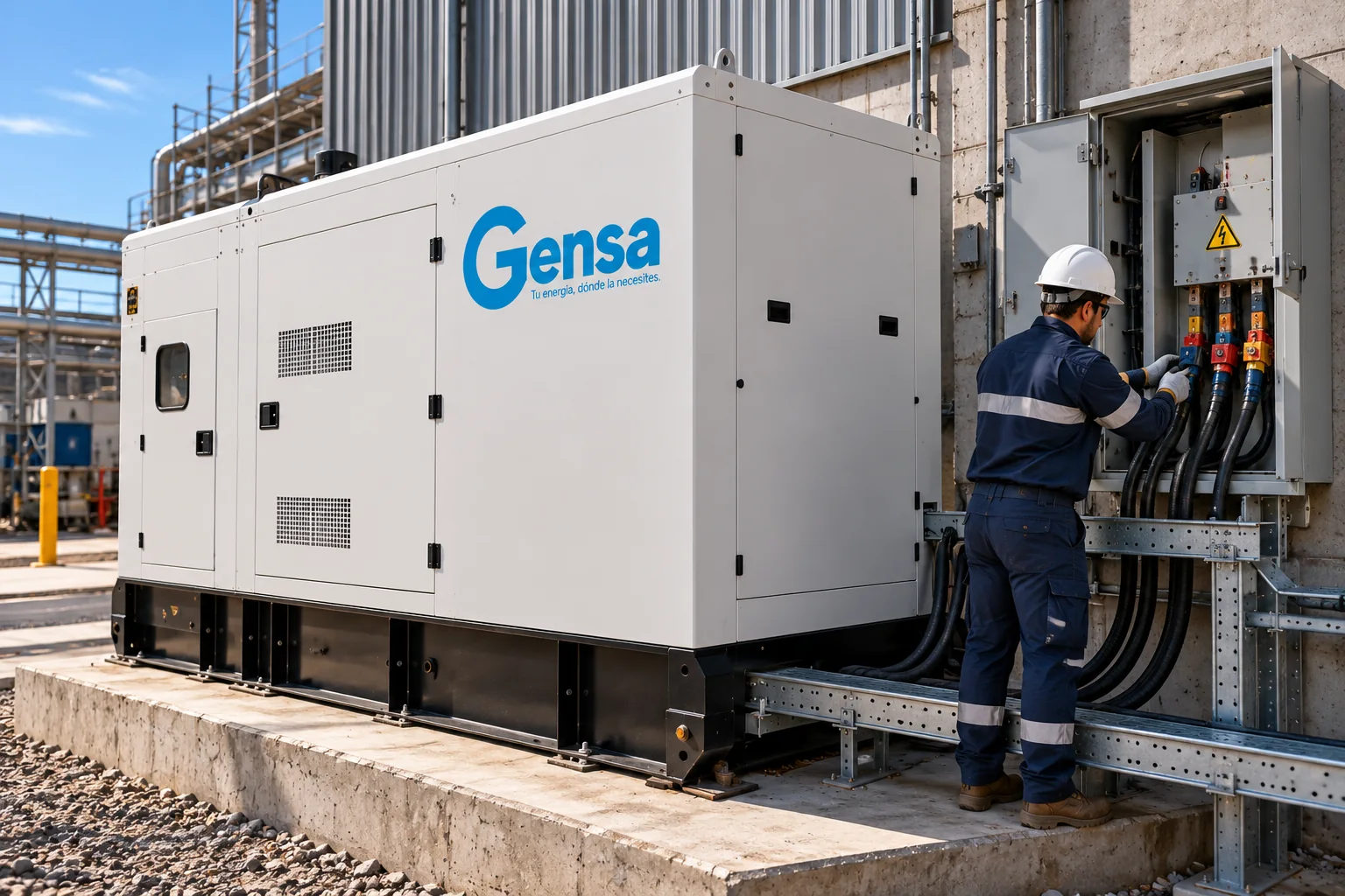 Técnico de Gensa conectando un grupo electrógeno en obra